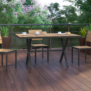 Finch Commercial Grade X-Frame Outdoor Dining Table 59" x 35.5" with Faux Teak Poly Slats and Metal Frame, Natural/Gray