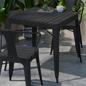 Harley 31.5" Square Commercial Grade Indoor/Outdoor Black Steel Patio Dining Table for 4 with Black Poly Resin Slatted Top