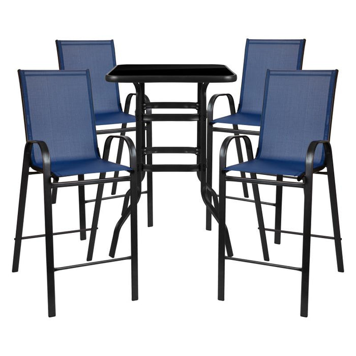 Brazos Outdoor Dining Set - 4-Person Bistro Set - Brazos Outdoor Glass Bar Table with Black All-Weather Patio Stools