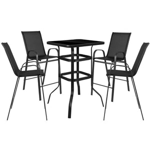 Brazos Outdoor Dining Set - 4-Person Bistro Set - Brazos Outdoor Glass Bar Table with Black All-Weather Patio Stools