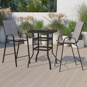 Brazos Outdoor Dining Set - 2-Person Bistro Set - Brazos Outdoor Glass Bar Table with Gray All-Weather Patio Stools