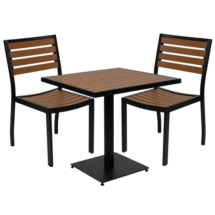 Landmark Outdoor Patio Bistro Dining Table Set with 2 Chairs and Faux Teak Poly Slats