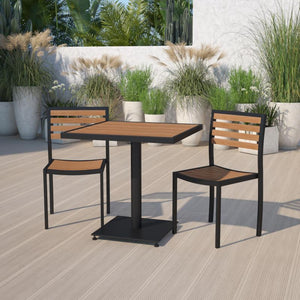 Landmark Outdoor Patio Bistro Dining Table Set with 2 Chairs and Faux Teak Poly Slats