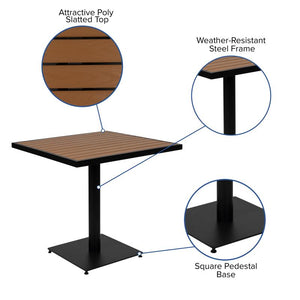 Landmark Indoor/Outdoor 3 Piece Patio Dining Table Set - 30" Square Faux Teak Table & 2 Stacking Club Chairs with Teak Accented Arms