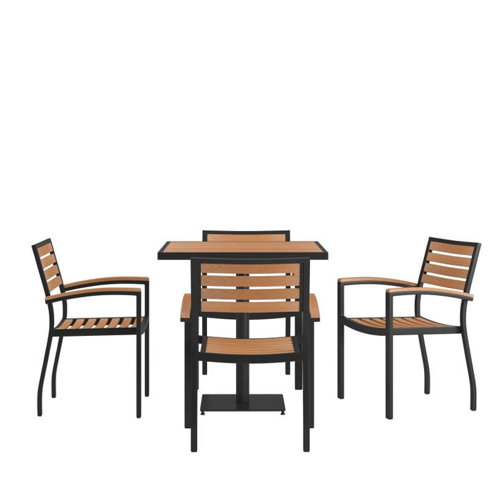 Landmark Indoor/Outdoor 5 Piece Patio Dining Table Set - 30" Square Faux Teak Table & 4 Stacking Club Chairs with Teak Accented Arms