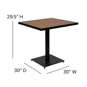 Landmark Indoor/Outdoor 5 Piece Patio Dining Table Set - 30" Square Faux Teak Table & 4 Stacking Club Chairs with Teak Accented Arms