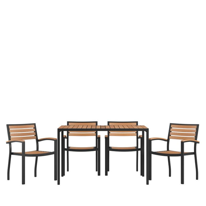 Landmark 5 Piece Outdoor Dining Table Set - Synthetic Teak Poly Slats - 30" x 48" Steel Framed Table with Umbrella Hole-4 Club Chairs