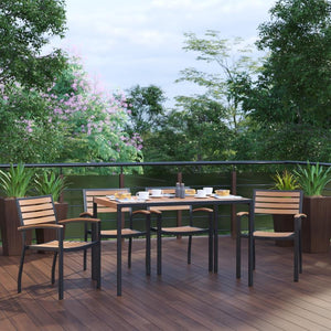 Landmark 5 Piece Outdoor Dining Table Set - Synthetic Teak Poly Slats - 30" x 48" Steel Framed Table with Umbrella Hole-4 Club Chairs