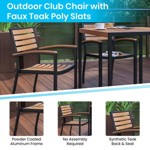 Landmark 5 Piece Outdoor Dining Table Set - Synthetic Teak Poly Slats - 30" x 48" Steel Framed Table with Umbrella Hole-4 Club Chairs