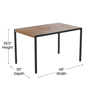 Landmark 5 Piece Outdoor Dining Table Set - Synthetic Teak Poly Slats - 30" x 48" Steel Framed Table with Umbrella Hole-4 Club Chairs