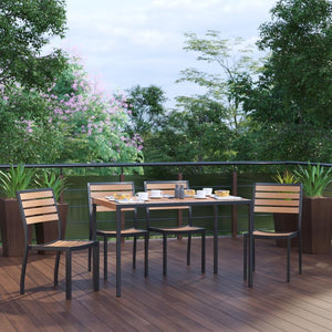 Landmark 5 Piece Patio Table Set - Synthetic Teak Poly Slats - 30" x 48" Steel Framed Table with 4 Stackable Faux Teak Chairs