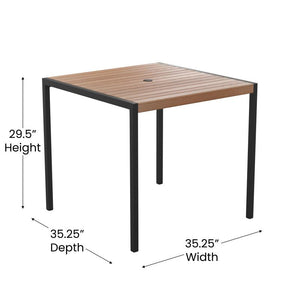 Landmark 3 Piece Outdoor Dining Table Set - Synthetic Teak Poly Slats - 35" Square Steel Framed Table - Umbrella Hole - 2 Club Chairs