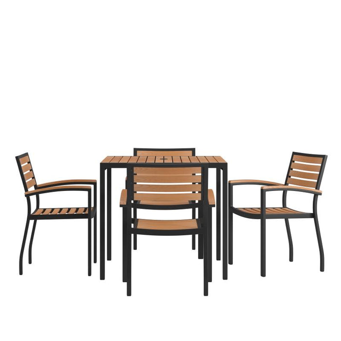 Landmark 5 Piece Outdoor Dining Table Set - Synthetic Teak Poly Slats - 35" Square Steel Framed Table - Umbrella Hole - 4 Club Chairs