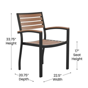 Landmark 5 Piece Outdoor Dining Table Set - Synthetic Teak Poly Slats - 35" Square Steel Framed Table - Umbrella Hole - 4 Club Chairs