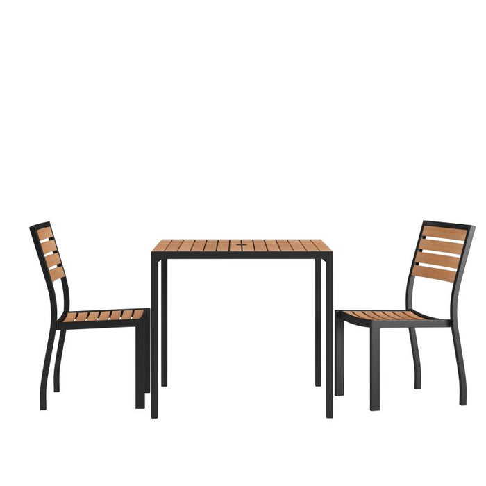 Landmark 3 Piece Patio Table Set - Synthetic Teak Poly Slats - 35" Square Steel Framed Table with 2 Stackable Faux Teak Chairs