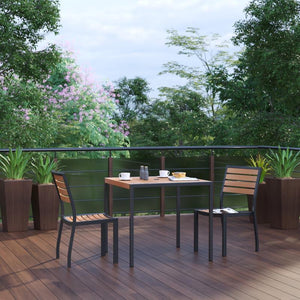 Landmark 3 Piece Patio Table Set - Synthetic Teak Poly Slats - 35" Square Steel Framed Table with 2 Stackable Faux Teak Chairs