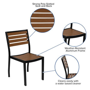 Landmark 3 Piece Patio Table Set - Synthetic Teak Poly Slats - 35" Square Steel Framed Table with 2 Stackable Faux Teak Chairs