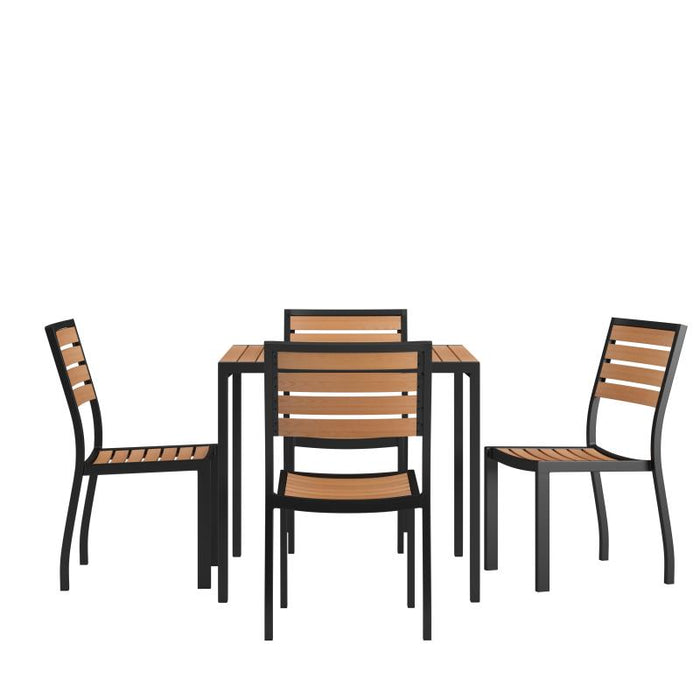 Landmark 5 Piece Patio Table Set - Synthetic Teak Poly Slats - 35" Square Steel Framed Table with 4 Stackable Faux Teak Chairs