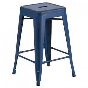 24'' HIGH BACKLESS DISTRESSED ANTIQUE BLUE METAL INDOOR-OUTDOOR BARSTOOL