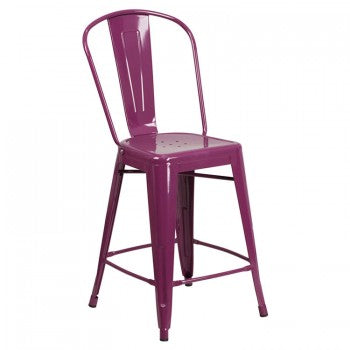 24'' HIGH PURPLE METAL INDOOR-OUTDOOR COUNTER HEIGHT STOOL WITH BACK
