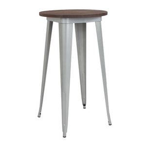 24'' ROUND SILVER METAL INDOOR-OUTDOOR BAR HEIGHT TABLE / WOOD TOP