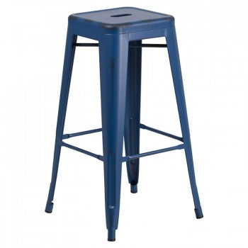 30'' HIGH BACKLESS DISTRESSED ANTIQUE BLUE METAL INDOOR-OUTDOOR BARSTOOL