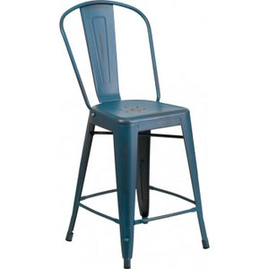 PHOENIX - 24'' High Distressed Kelly Blue Metal Indoor Counter Height Stool
