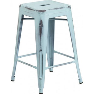 PHOENIX - 24'' High Backless Distressed Dream Blue Metal Indoor Counter Height Stool