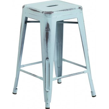 PHOENIX - 24'' High Backless Distressed Dream Blue Metal Indoor Counter Height Stool