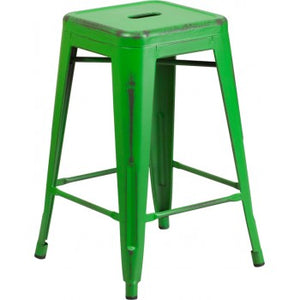 PHOENIX - 24'' High Backless Distressed Green Metal Indoor Counter Height Stool