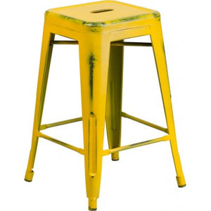 PHOENIX - 24'' High Backless Distressed Yellow Metal Indoor Counter Height Stool