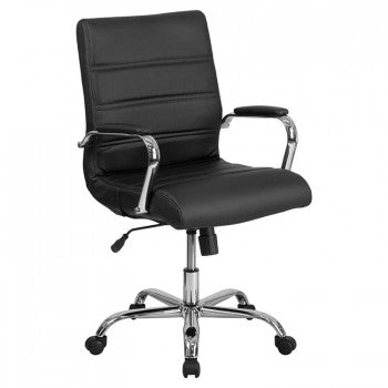 MID-BACK BLACK LEATHER EXECUTIVE SWIVEL OFFICE CHAIR WITH CHROME ARMS [GO-2286M-BK-GG]