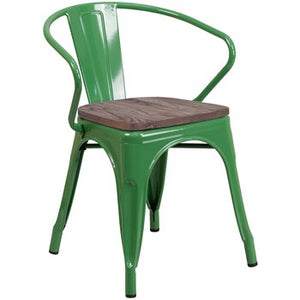 PHOENIX - GREEN METAL CHAIR WITH ARMS / WOOD SEAT OPTION