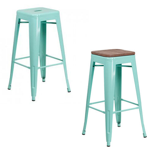 PHOENIX - 30" BACKLESS MINT GREEN METAL BAR STOOL / WOOD SEAT OPTION