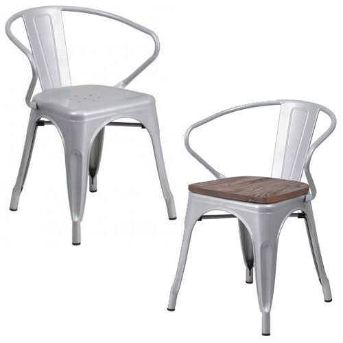 PHOENIX - SILVER METAL CHAIR WITH ARMS / WOOD SEAT OPTION
