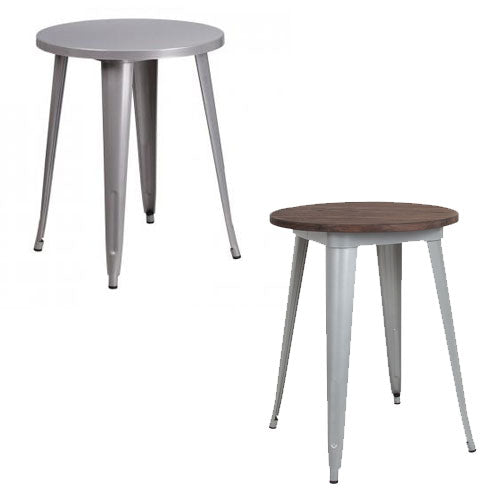 24'' ROUND SILVER METAL INDOOR-OUTDOOR TABLE / WOOD TOP